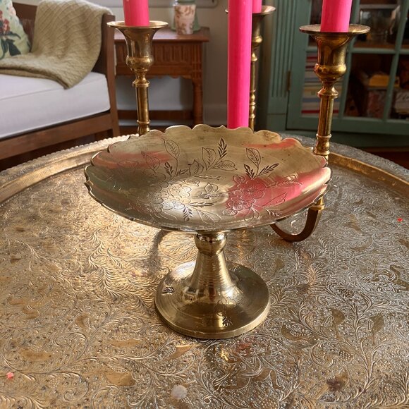 Vintage Etched Brass Bowl on Pedestal Stem - 1970's - Picture 6 of 15